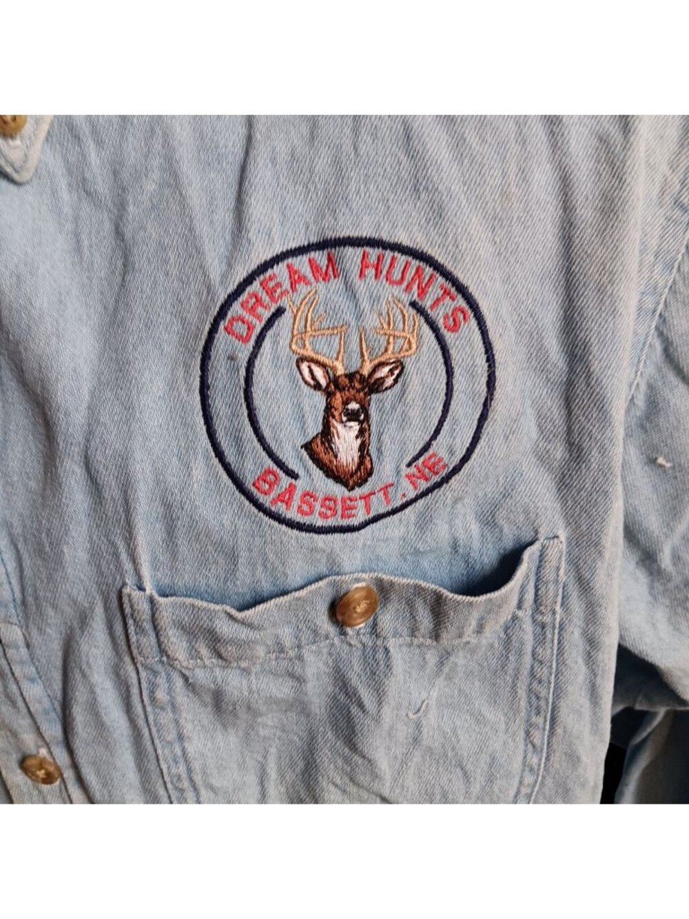 Vintage Large Hunting Shirt Embrodered Dream Hunts Bassett NE Denim Button-Up